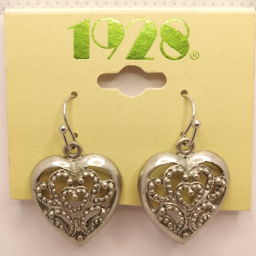 1928 Silver tone Heart Earrings